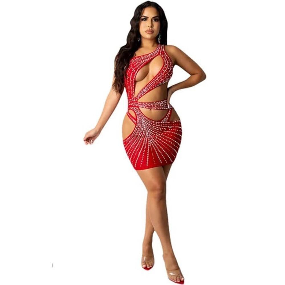 🦋B2G1🦋WESTERN FASHION One-shoulder Rhinestone Mesh Hollow Out Mini Dress & Panty